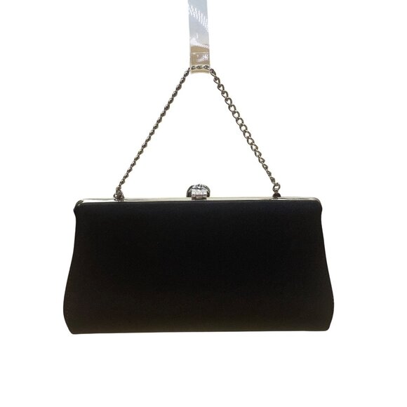 Black Satin Chain Handle With Silver Rhinestone Leaf Closure Evening Clutch - Picture 3 of 8